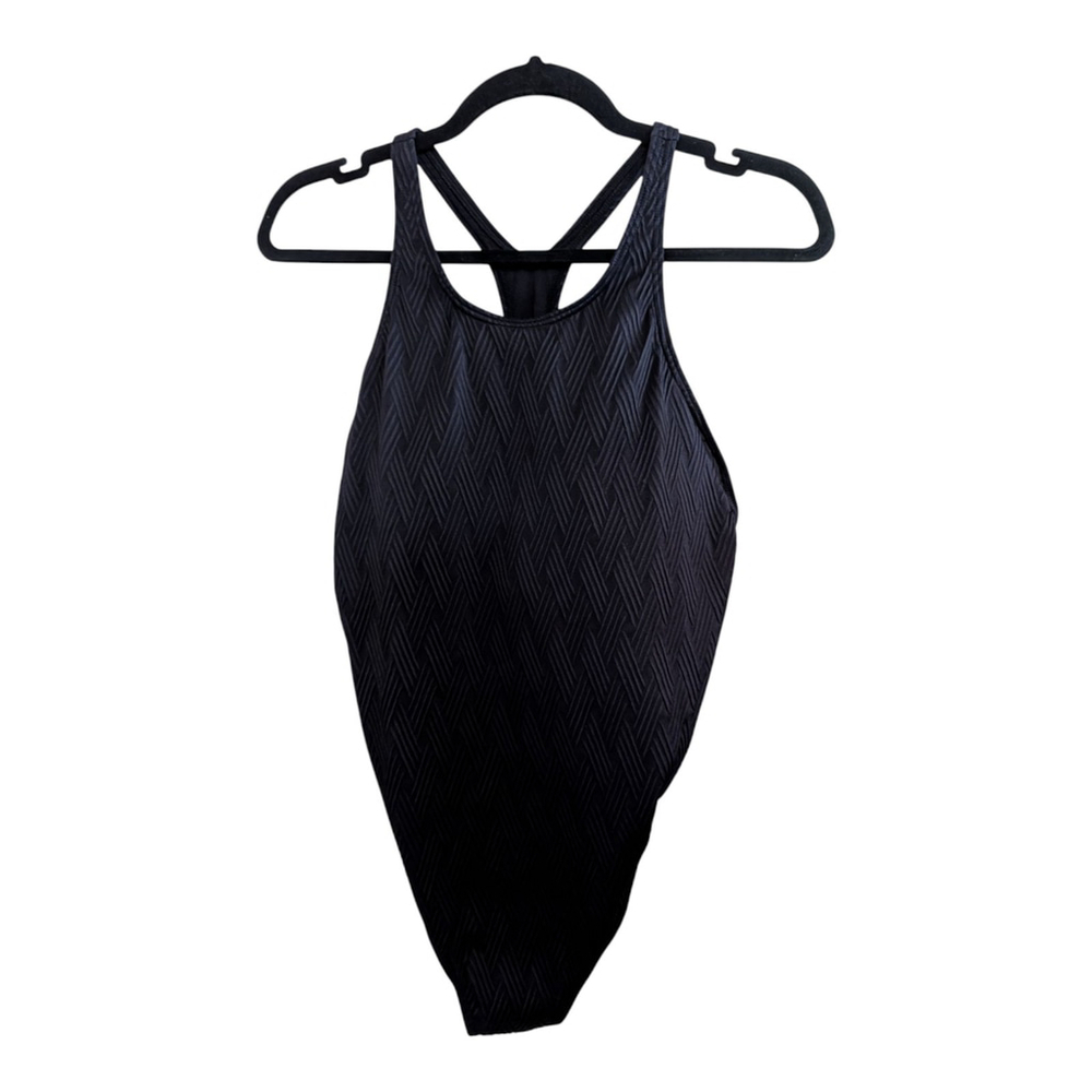Vince Camuto One Piece Bathing Suit Black Textured Padded Open Back Size 14